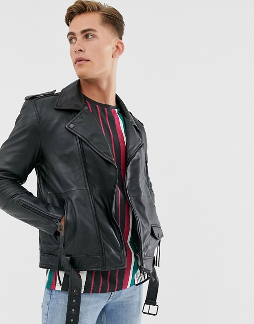 Barneys Originals real leather zipped biker jacket with belt