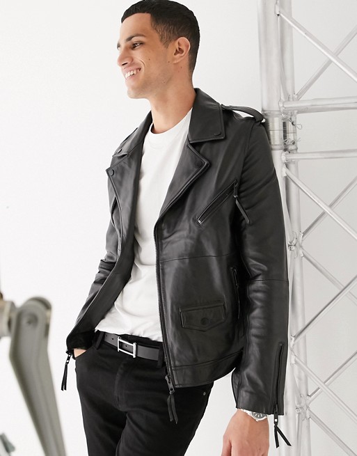 Barneys Originals real leather zipped biker jacket with belt