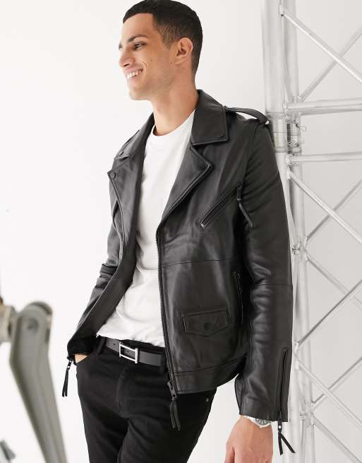 Barneys originals real leather zipped biker jacket new arrivals