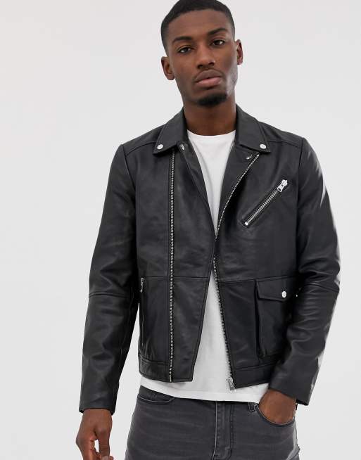 Barney's Originals real leather zipped biker jacket | ASOS