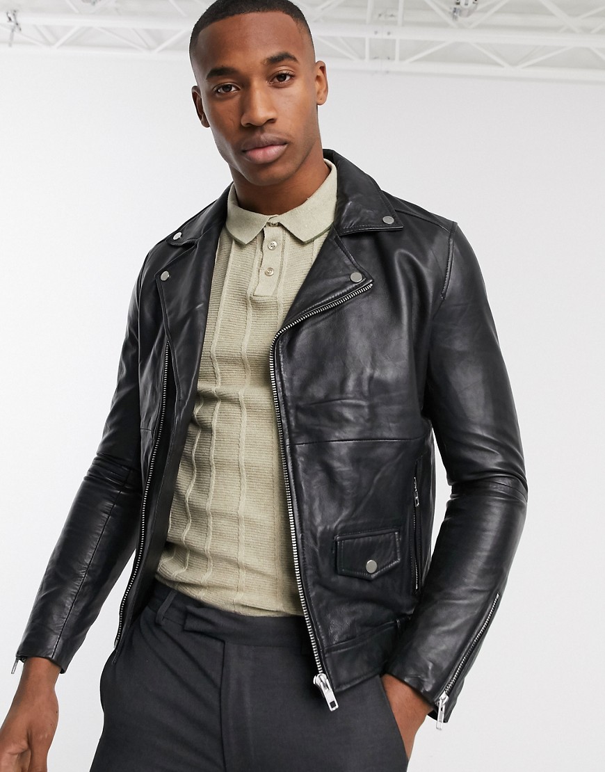 Barneys Originals real leather zipped biker jacket-Black
