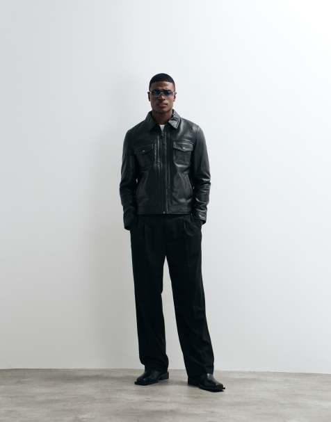 Barneys Originals Real leather zipped harrington jacket in black - view 1