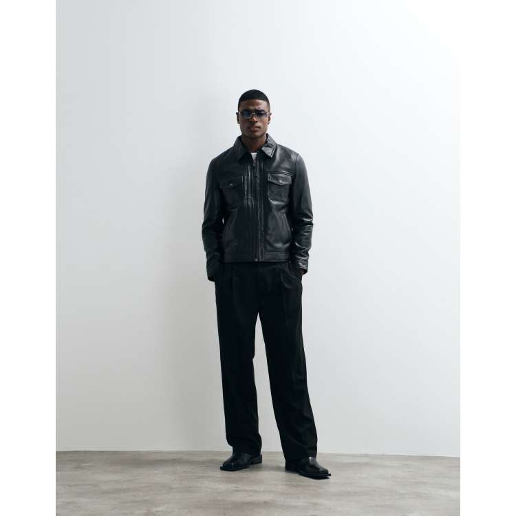 Barneys Originals Real leather zipped harrington jacket in black