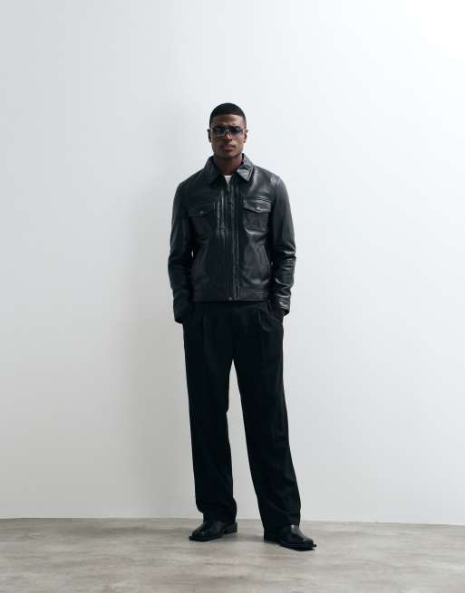Barneys Originals Real leather zipped harrington jacket in black