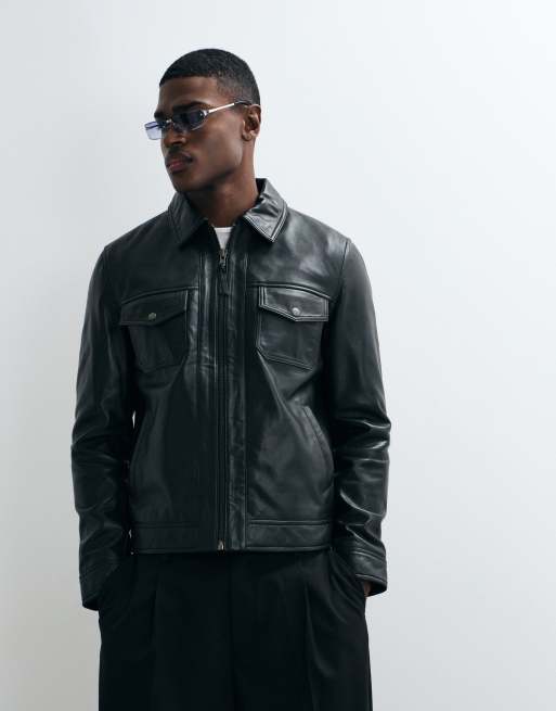 Barneys Originals Real leather zipped harrington jacket in black