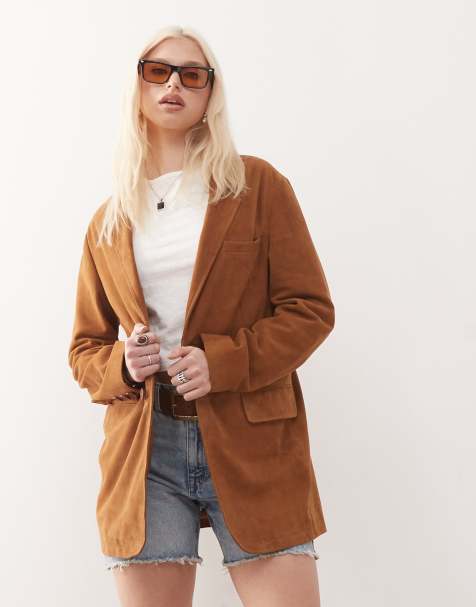 Barneys originals real suede blazer in tan - view 1