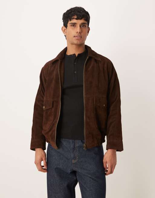 Barneys Originals Real suede bomber jacket in brown