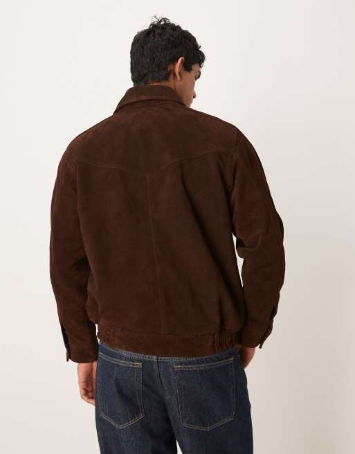 Barneys Originals Real suede bomber jacket in chocolate, 3 of 5