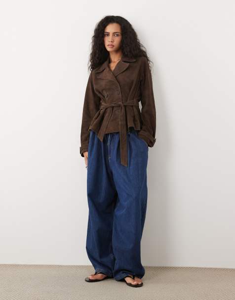 Barneys Originals Real suede cropped trench coat in chocolate - view 1