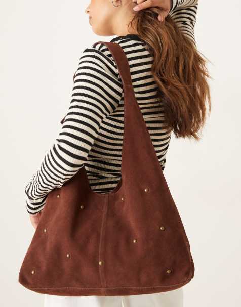 Barneys Originals Real suede slouch shoulder bag in brown with studs in brown - view 1