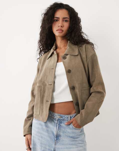 Barneys Originals Sage goat suede cropped harrington in sage - view 1