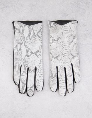 Barney's Originals snake print & real leather gloves in grey