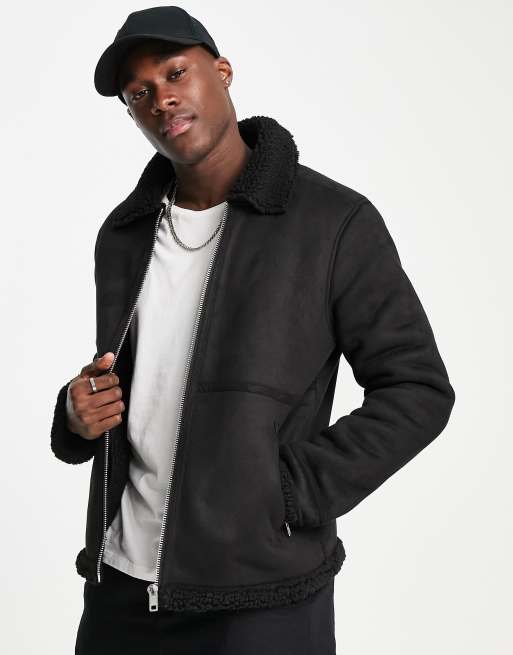 Barneys Originals - Sort jakke i shearling med gennemgående for i imiteret lammeskind