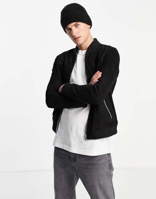 Barneys Originals suede bomber jacket in black