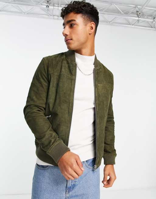 Mens green shop suede bomber jacket