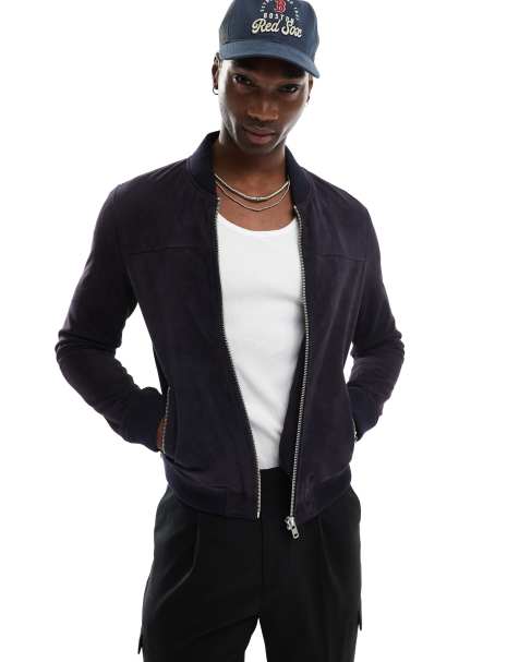 Barneys Originals  suede bomber jacket in navy  - view 1