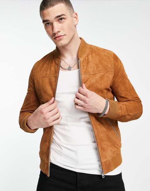 Men's Tan Goat Suede Bomber Jacket - Barneys Originals