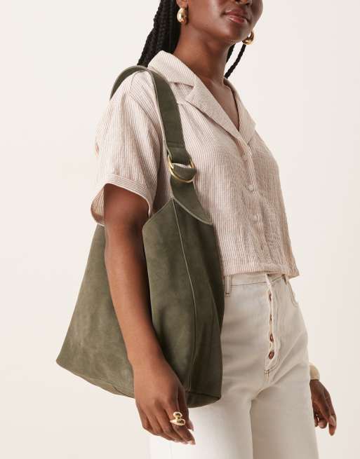 Barneys originals suede shoulder bag in khaki, 3 of 4