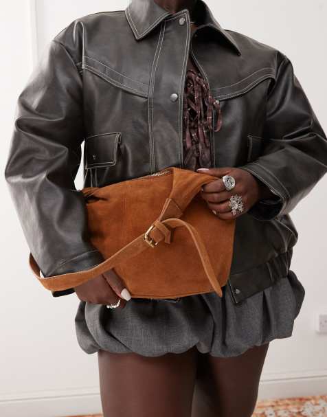 Barneys originals suede shoulder bag in tan - view 1