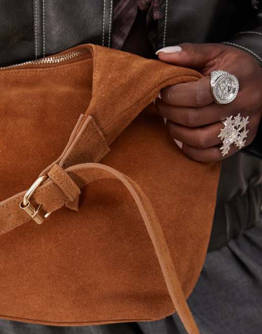 Barneys originals suede shoulder bag in tan, 3 of 4