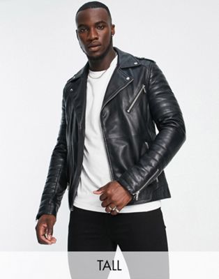 Barneys Originals Tall leather biker jacket in black | ASOS