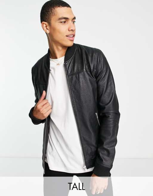 Barneys Originals Tall leather bomber jacket in black ASOS