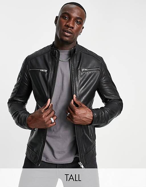 Barneys Originals Tall leather racer jacket in black | ASOS