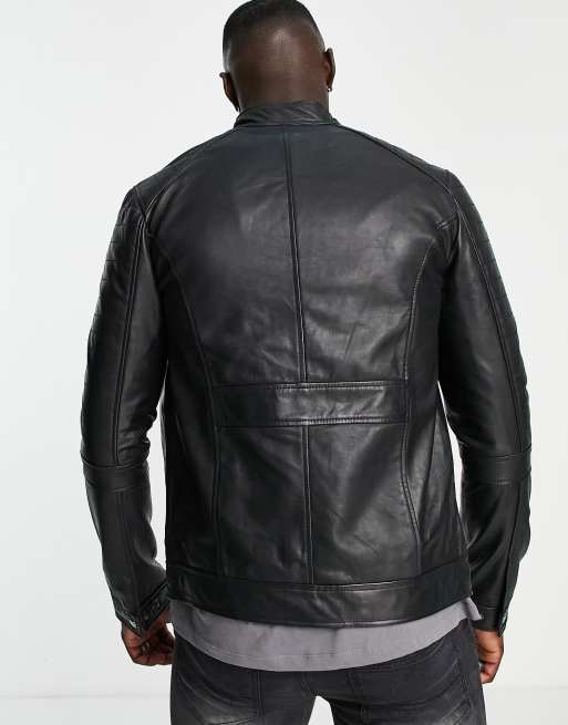 Barneys Originals Tall leather racer jacket in black | ASOS