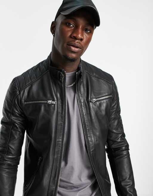BARNEYS ORIGINALS ブラック レザーライダースジャケット Barneys Originals real leather racing jacket with zip pockets in