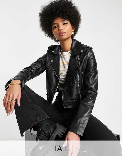 Women's Real Leather Ribbed Biker Jacket - Barneys Originals