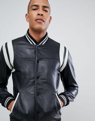barney's originals real leather varsity jacket with panelling