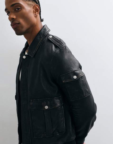 Barneys Originals Veg-tanned real leather bomber jacket in black - view 1