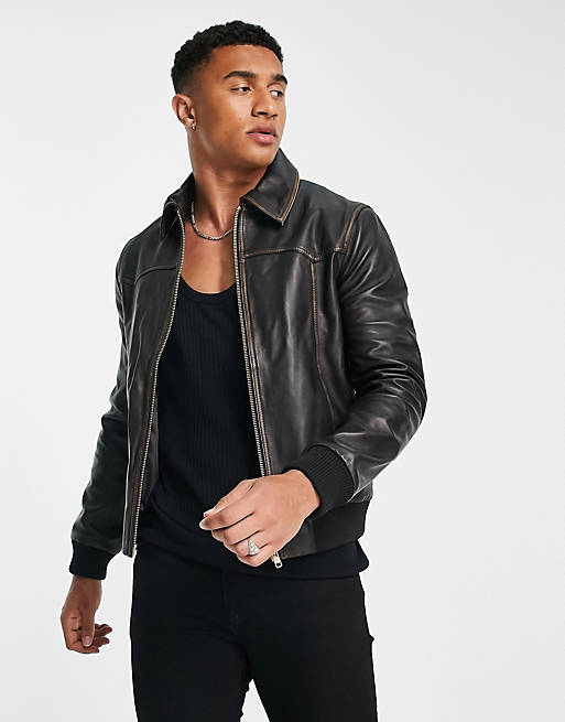 Barneys Originals vintage style leather jacket in black | ASOS