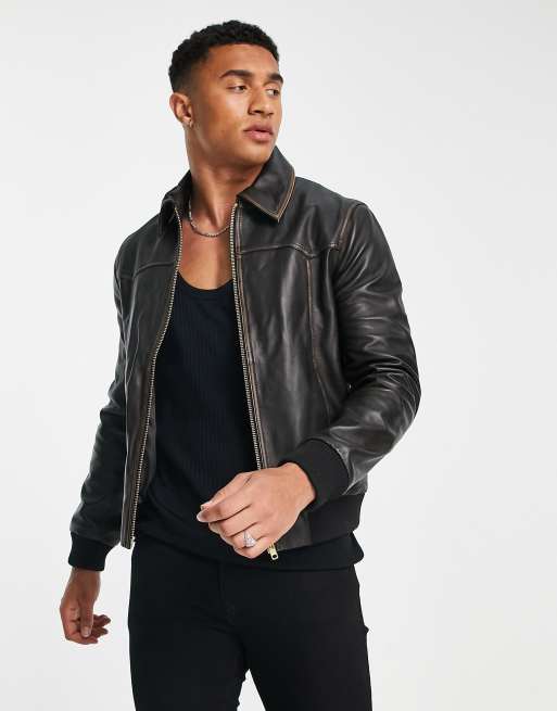 Barneys Originals vintage style leather jacket in black | ASOS