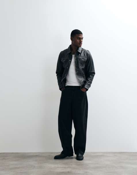Barneys Originals Washed real leather trucker jacket in black - view 1