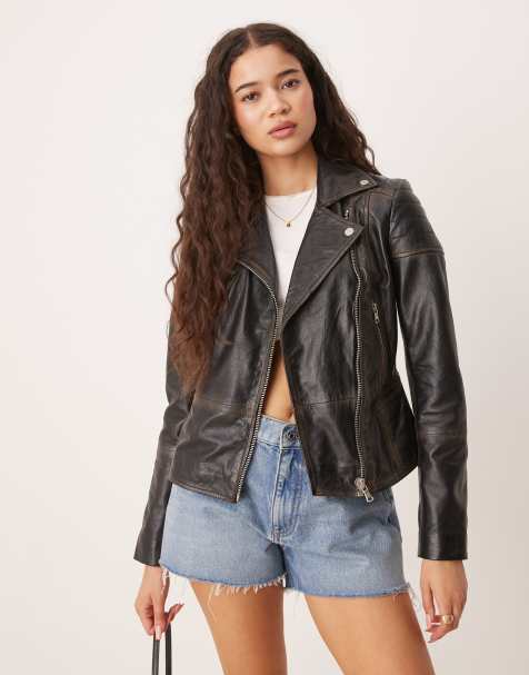 Barney's Originals worn leather biker jacket in washed black - view 1