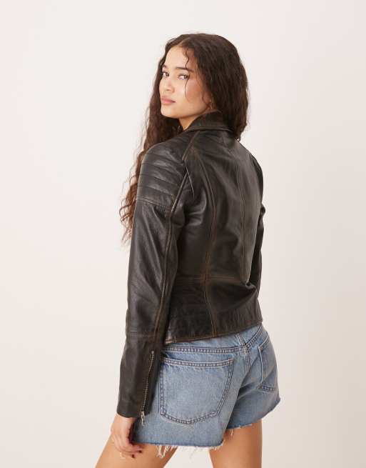 Barney's Originals worn leather biker jacket in washed black, 3 of 4