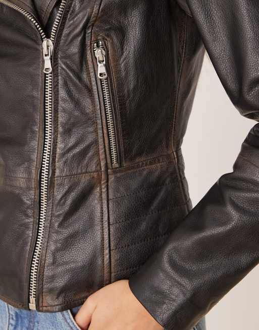Barney's Originals worn leather biker jacket in washed black, 4 of 4