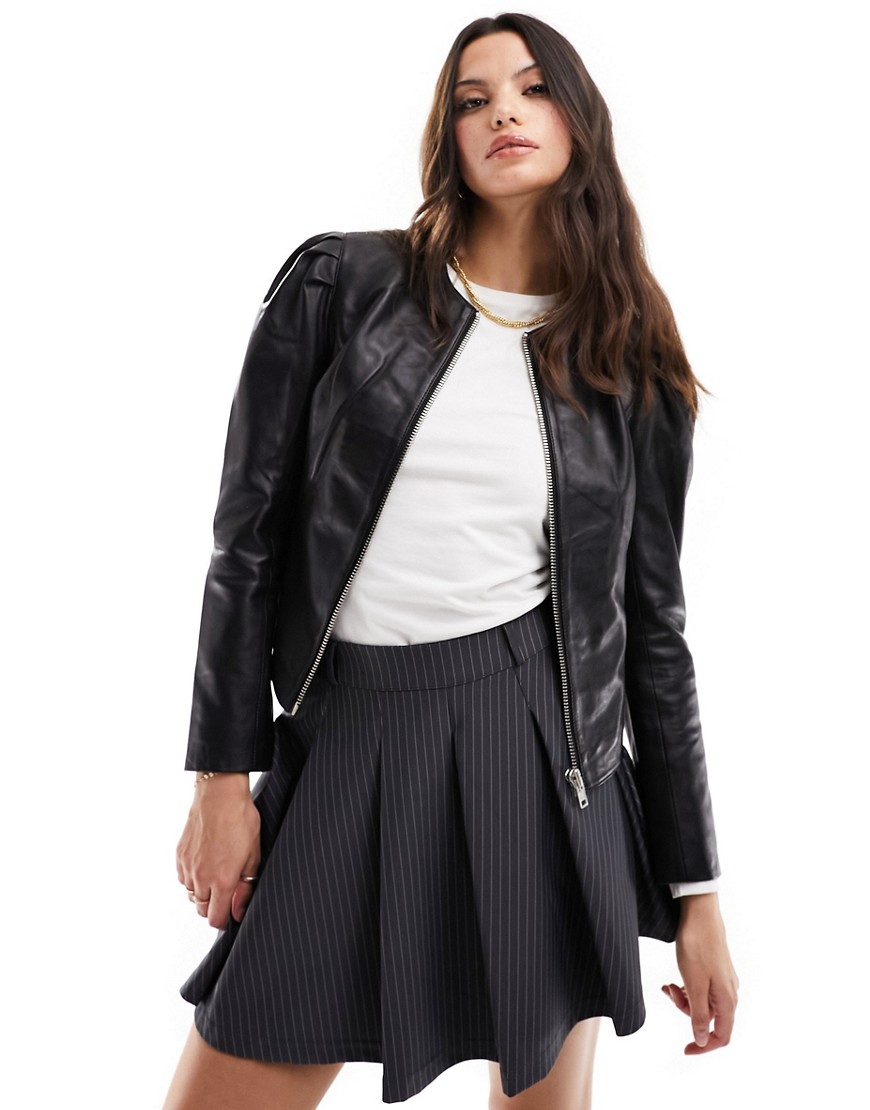 Barney’s Originals zip leather jacket with sleeve detail in black