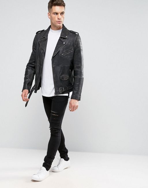 ASOS DESIGN washed premium real leather biker jacket in grey