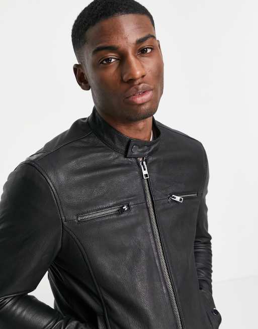 Barney's racer leather jacket in black | ASOS