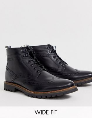 Base London Wide Fit Bower brogue boots in black
