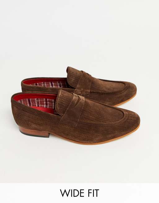 Base London Wide Fit Fleming embossed loafers in brown suede ASOS