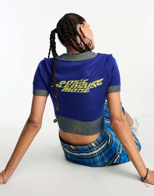 Basic Pleasure Mode acid house knitted polo zip through top in blue 