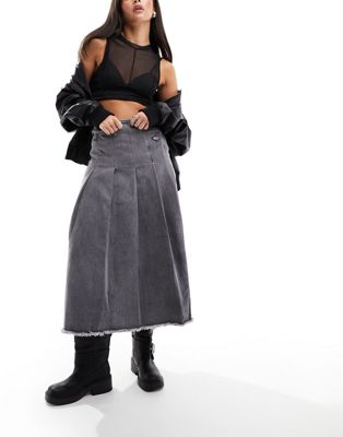 Shop Basic Pleasure Mode Angelica Denim Maxi Kilt Skirt In Gray