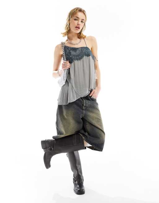 Basic Pleasure Mode – Asymmetrisches Camisole in Grau mit Spitzenrand