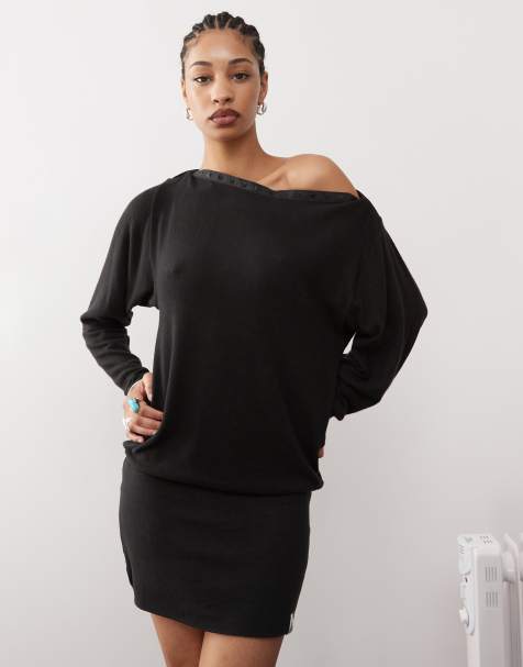 Basic Pleasure Mode bonnie popper detail slash neck mini dress in charcoal grey - view 1