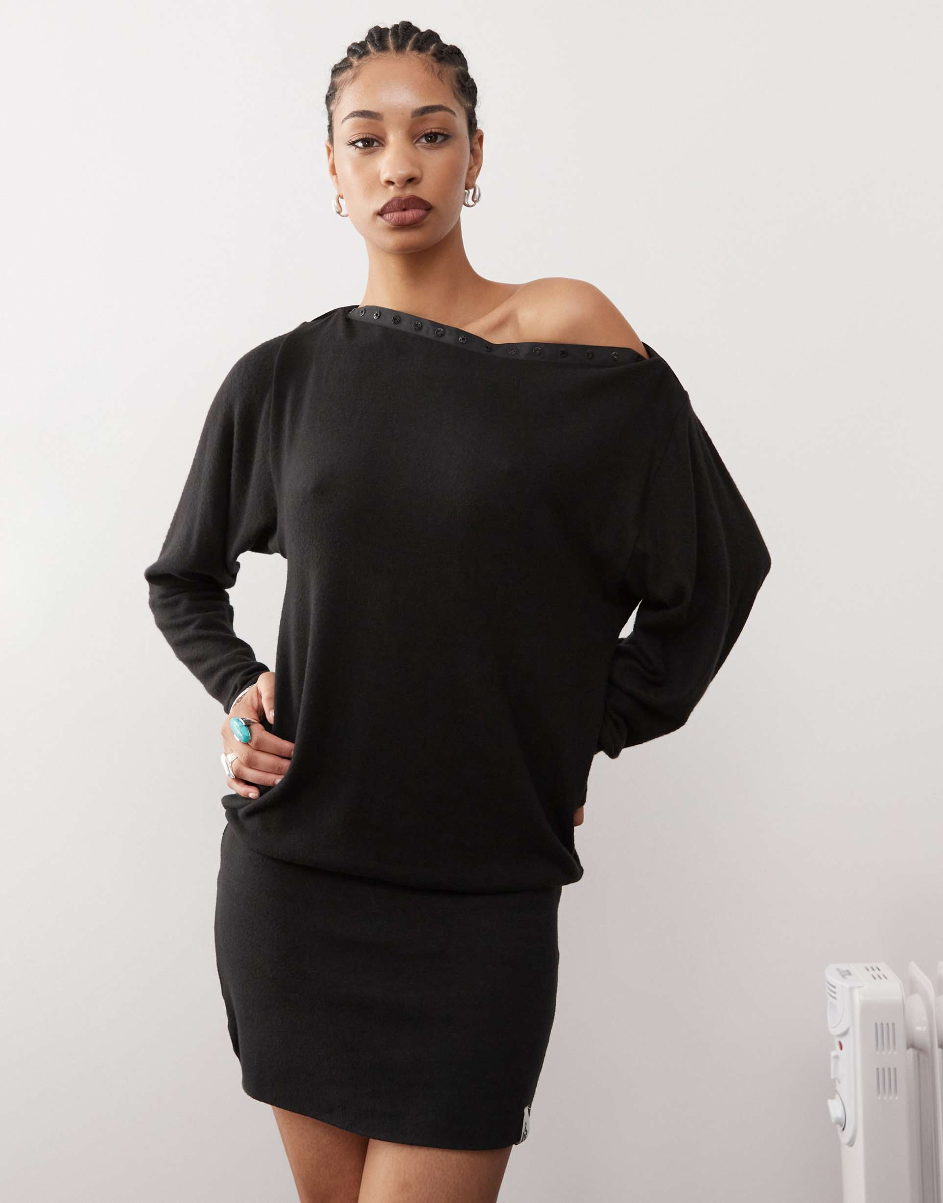 basic pleasure mode bonnie snap detail slash neck mini dress in charcoal gray