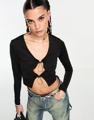 bungee cord detail stretch cut-out top in black