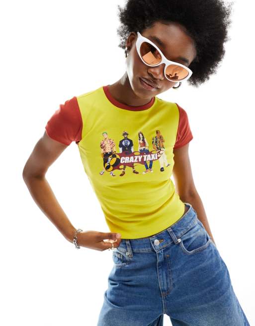 Basic Pleasure Mode - Cropped T-shirt met Crazy Taxi-print in geel